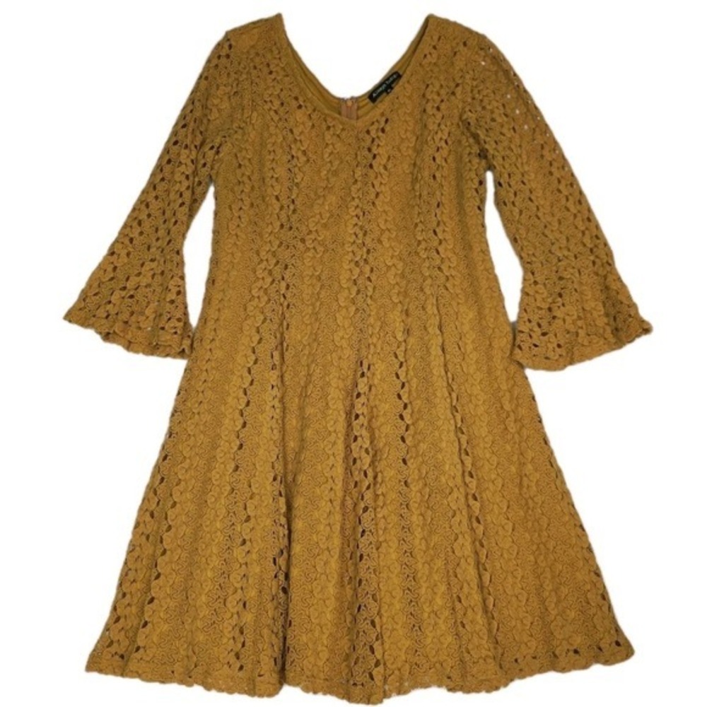 Always Indigo Dress Lace Large L Petite Mustard Yellow‎ Fit & Flare Bell Sleeves